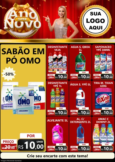 Modelo de Encarte para Encarte A4 Vertical com o tema Super Ano Novo para Produtos de Limpeza