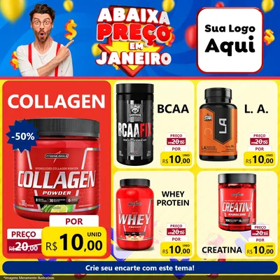 Modelo de Rede Social para Feed Facebook com o tema Abaixa Preço em Janeiro para Suplementos alimentares