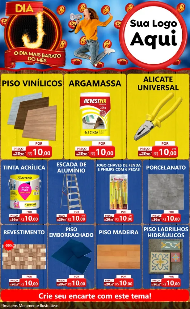 Modelo de Encarte para Encarte Grande com o tema Dia J - O Dia Mais Barato Do Mês para Material para Construção