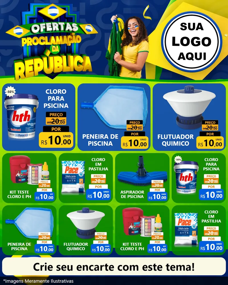 Modelo de Rede Social para Feed Instagram com o tema Ofertas Proclamação da República para Produtos para Piscina