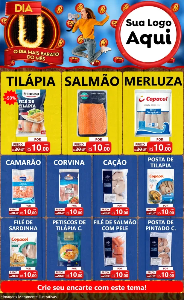 Modelo de Encarte para Encarte Grande com o tema Dia U - O Dia Mais Barato Do Mês para Peixaria