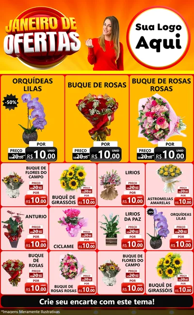 Modelo de Encarte para Encarte Grande com o tema Janeiro de Ofertas para Floricultura e jardim