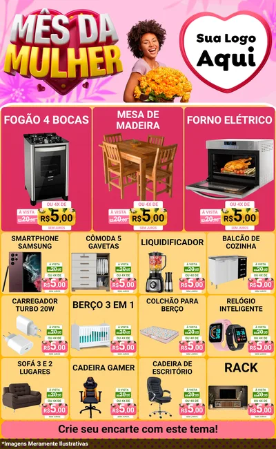 Modelo de Encarte para Encarte Grande com o tema Mês da Mulher para Móveis e Eletro