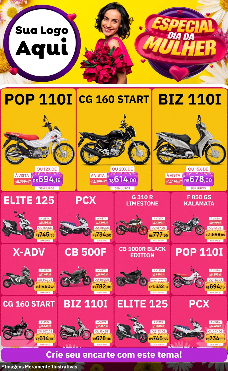 Modelo de Encarte para Encarte Grande com o tema Especial Dia da Mulher para Concessionaria de Motos