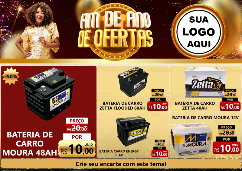 Modelo de Encarte para Encarte A4 Horizontal com o tema Fim de Ano de Ofertas para Baterias Elétricas