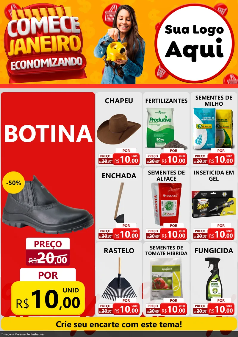 Modelo de Encarte para Encarte A4 Vertical com o tema Comece Janeiro Economizando para Agropecuária