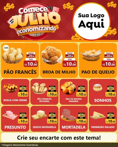 Modelo de Rede Social para Feed Instagram com o tema Comece Julho Economizando para Padaria