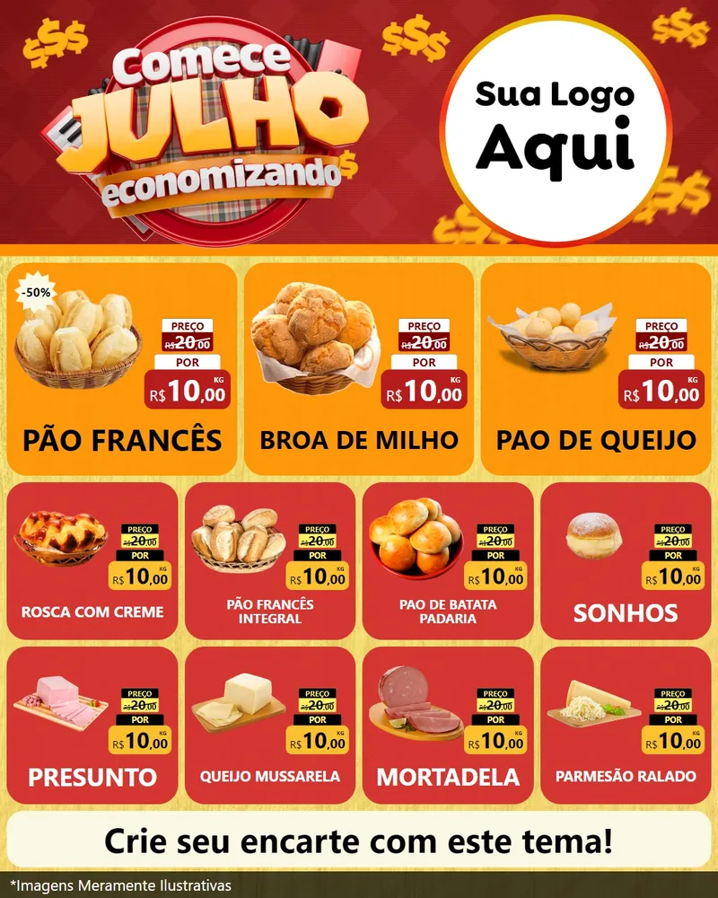 Modelo de Rede Social para Feed Instagram com o tema Comece Julho Economizando para Padaria