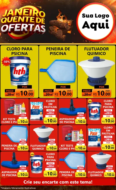 Modelo de Encarte para Encarte Grande com o tema Janeiro Quente de Ofertas para Produtos para Piscina