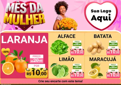 Modelo de Encarte para Encarte A4 Horizontal com o tema Mês da Mulher para Hortifrúti