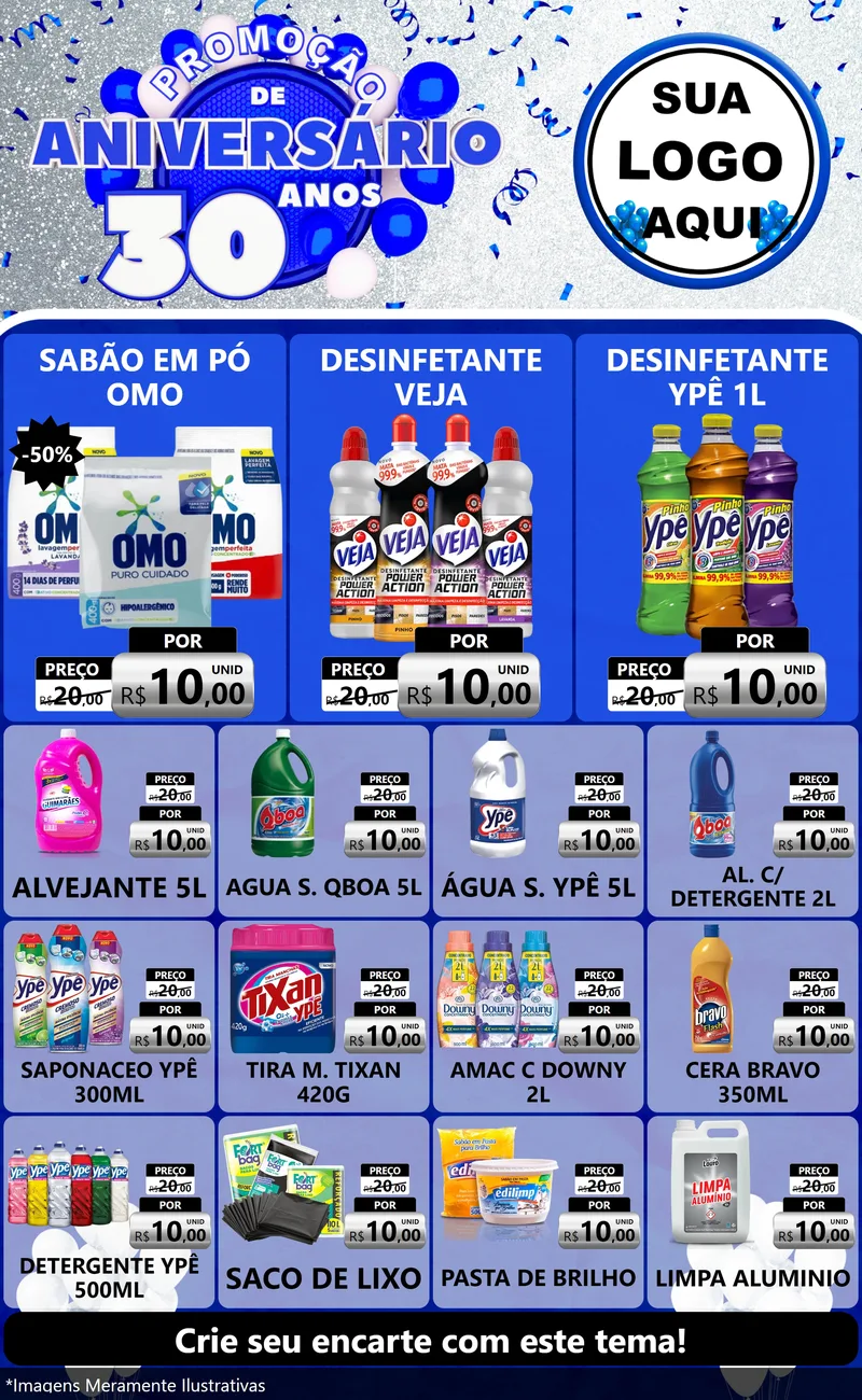 Modelo de Encarte para Encarte Grande com o tema Promoção de Aniversário - 30 Anos para Produtos de Limpeza