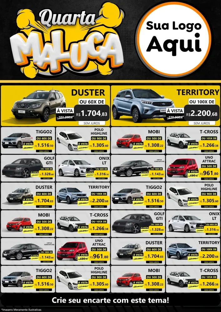 Modelo de Encarte para Encarte A4 Vertical com o tema Quarta Maluca para Concessionaria de Carros