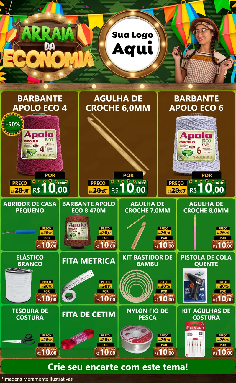 Modelo de Encarte para Encarte Grande com o tema Arraiá de Economia para Armarinho e Aviamentos