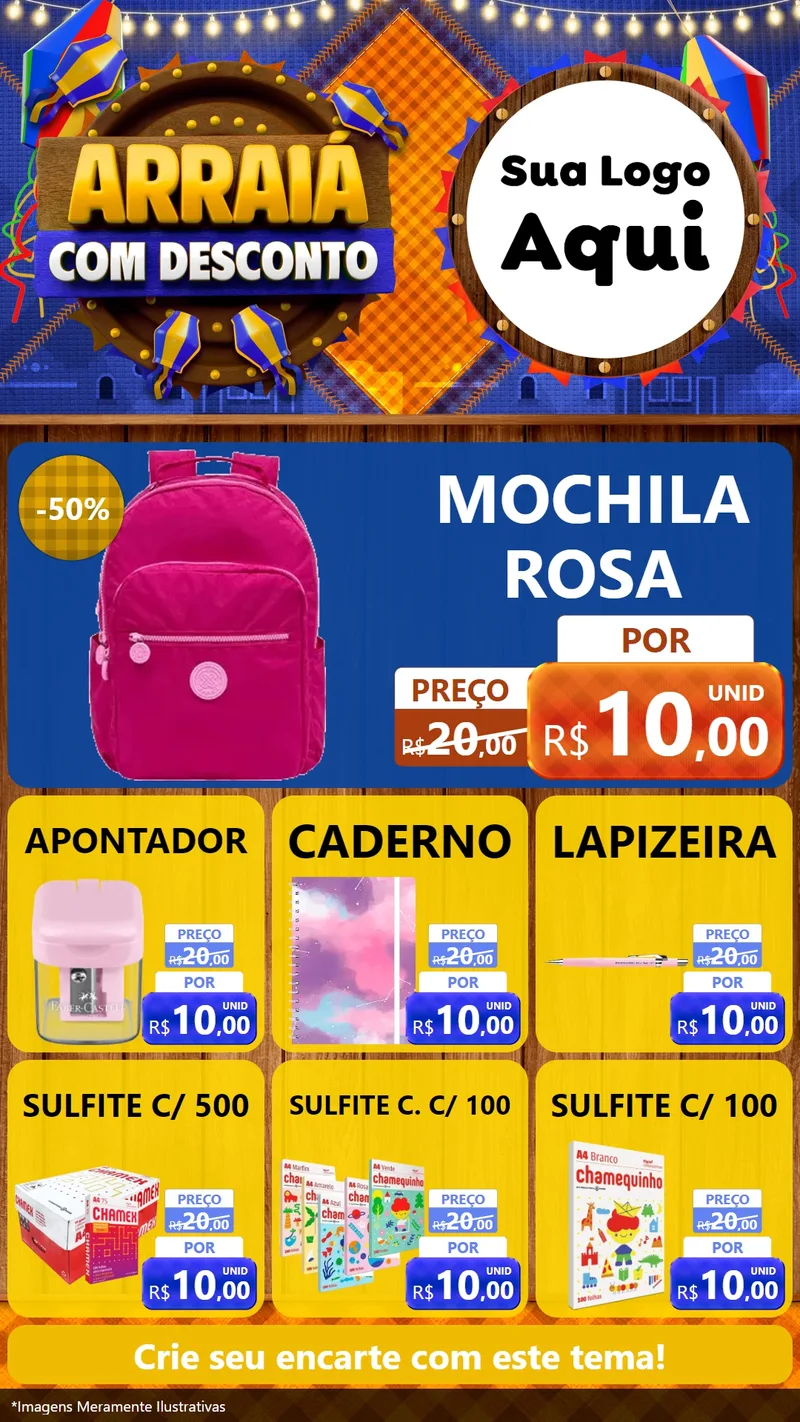 Modelo de Rede Social para Stories com o tema Arraiá Com Desconto para Papelaria