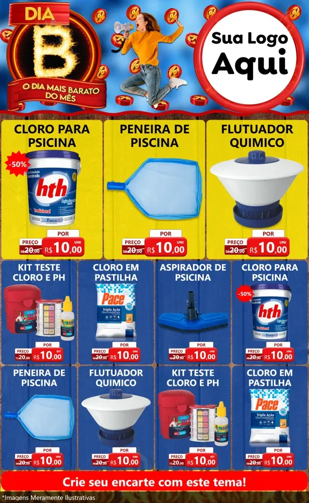 Modelo de Encarte para Encarte Grande com o tema Dia B - O Dia Mais Barato Do Mês para Produtos para Piscina
