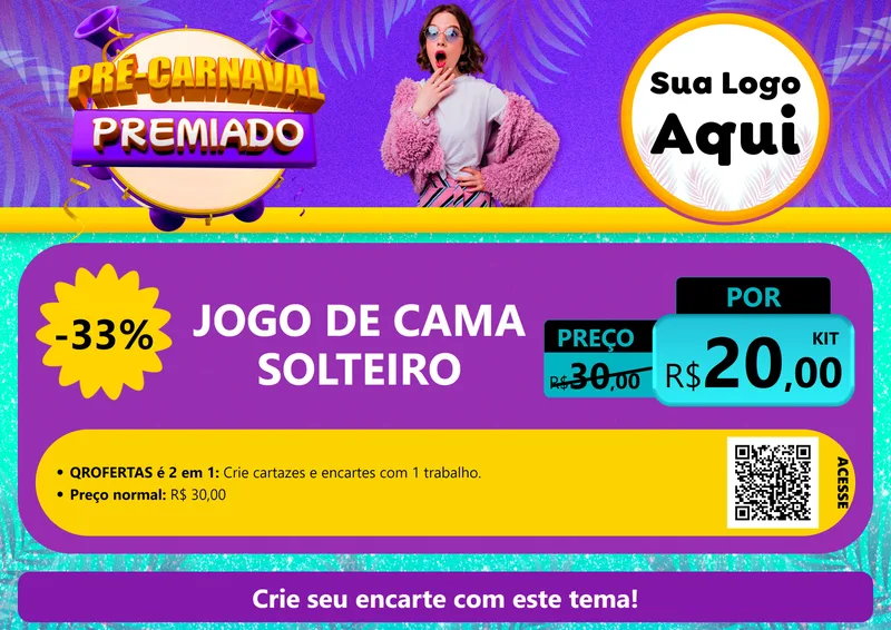 Modelo de Cartaz para Cartaz A4 Horizontal com o tema Pré-Carnaval Premiado para Cama, Mesa e Banho