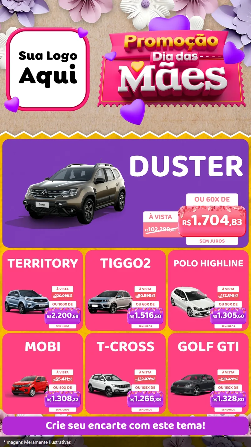 Modelo de Rede Social para Stories com o tema Promoção Dia das Mães para Concessionaria de Carros