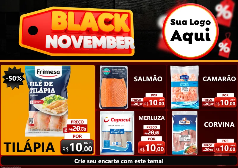Modelo de Encarte para Encarte A4 Horizontal com o tema Black November para Peixaria