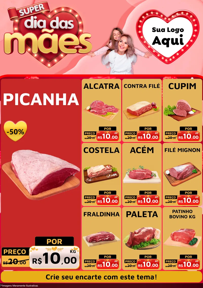 Modelo de Encarte para Encarte A4 Vertical com o tema Super Dia Das Mães para Açougue