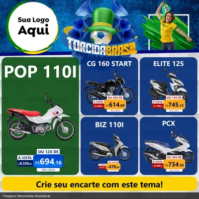 Modelo de Rede Social para Feed Facebook com o tema Torcida Brasil - Copa para Concessionaria de Motos