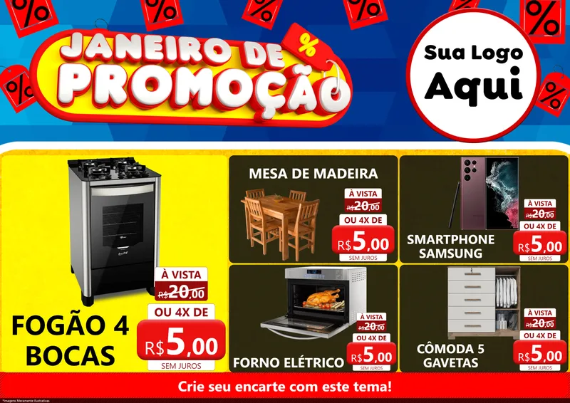 Modelo de Encarte para Encarte A4 Horizontal com o tema Janeiro de Promoção para Móveis e Eletro