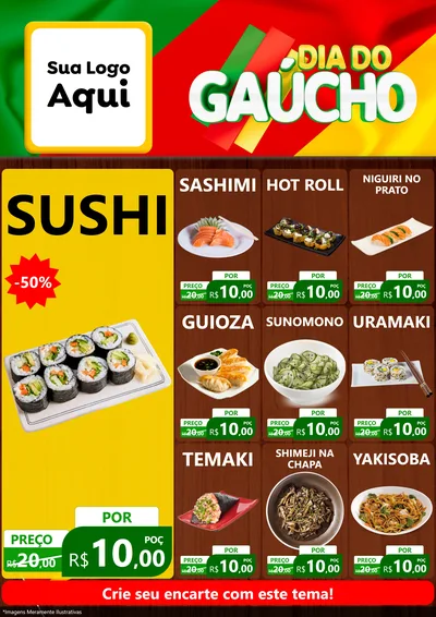 Modelo de Encarte para Encarte A4 Vertical com o tema Dia do Gaúcho para Comida japonesa