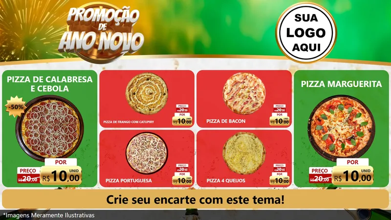 Modelo de TV para TV Horizontal com o tema Promoção de Ano Novo para Pizzaria