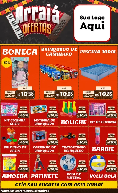Modelo de Encarte para Encarte Grande com o tema Arraiá de Ofertas - Junina para Brinquedos