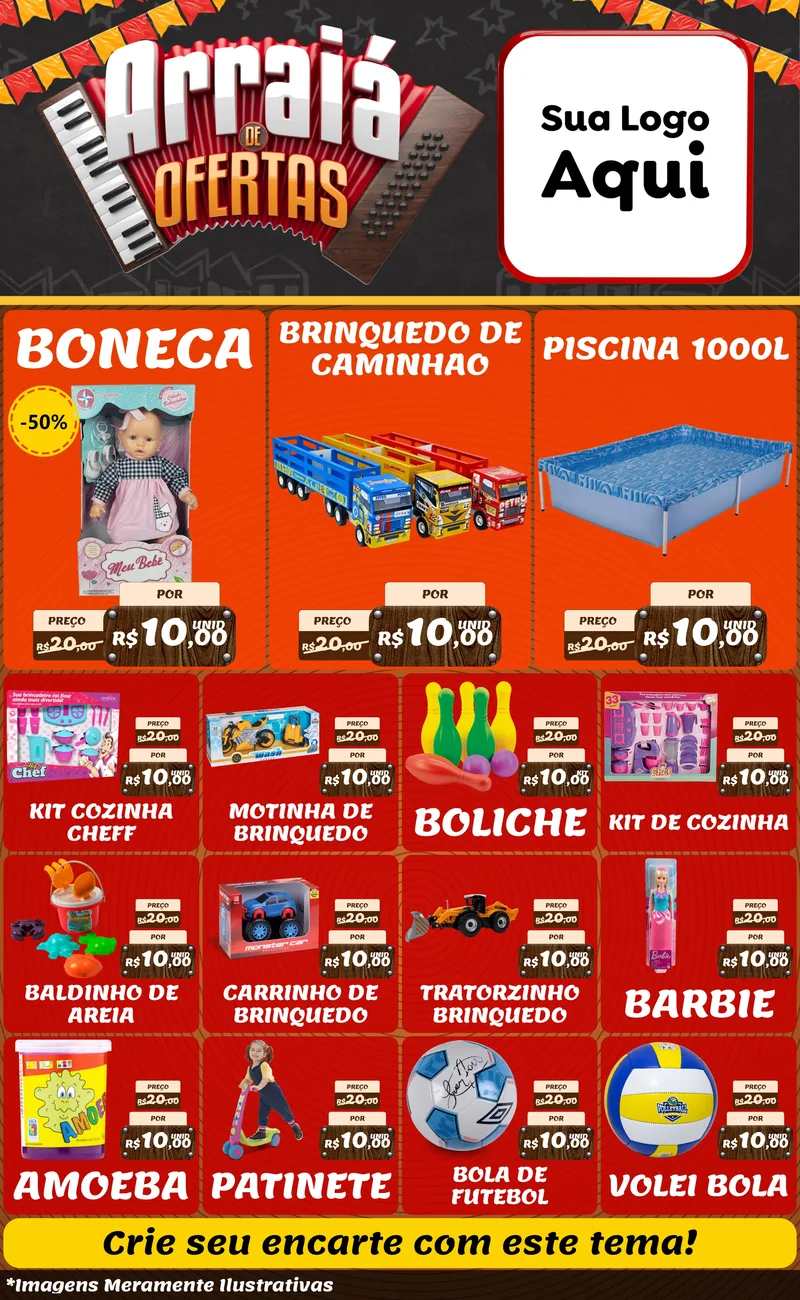 Modelo de Encarte para Encarte Grande com o tema Arraiá de Ofertas - Junina para Brinquedos