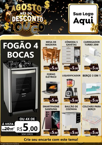 Modelo de Encarte para Encarte A4 Vertical com o tema Agosto Mês do Desconto Louco para Móveis e Eletro