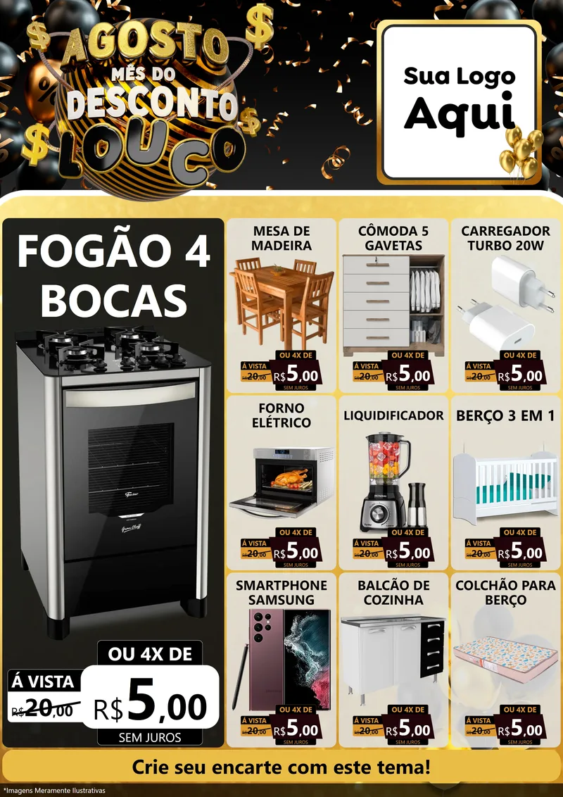 Modelo de Encarte para Encarte A4 Vertical com o tema Agosto Mês do Desconto Louco para Móveis e Eletro