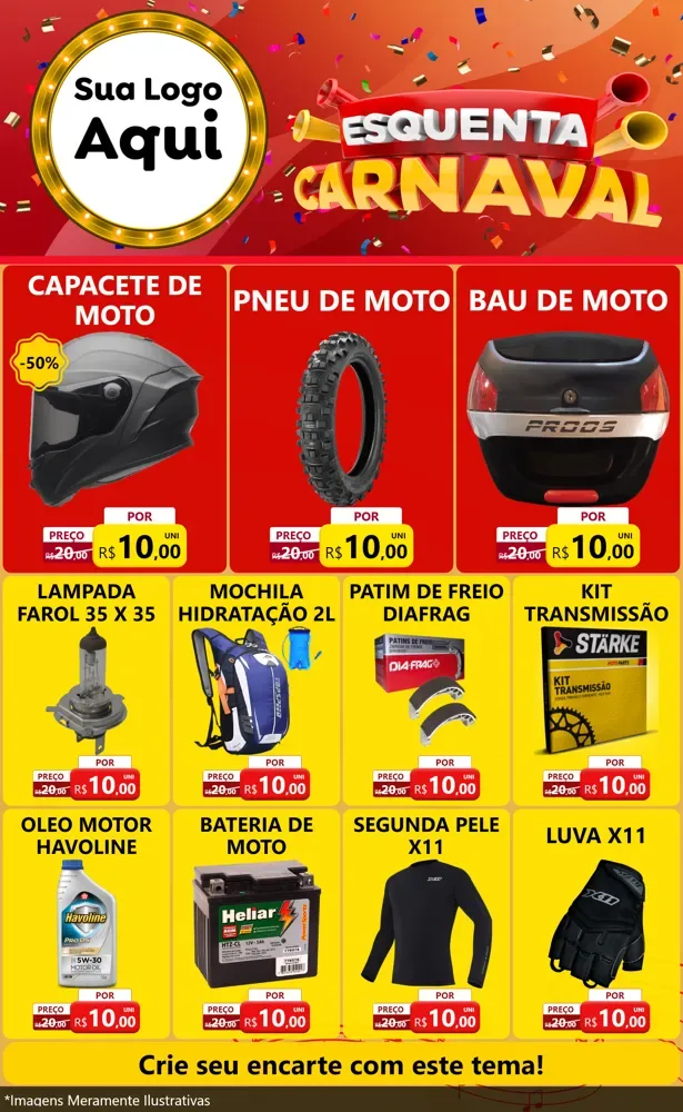 Modelo de Encarte para Encarte Grande com o tema Esquenta Carnaval para Moto peças