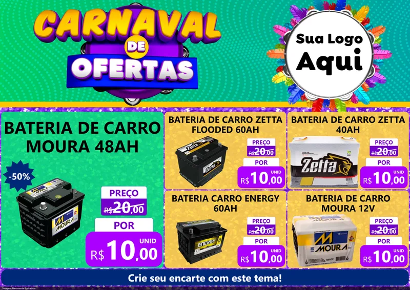 Modelo de Encarte para Encarte A4 Horizontal com o tema Carnaval de Ofertas para Baterias Elétricas