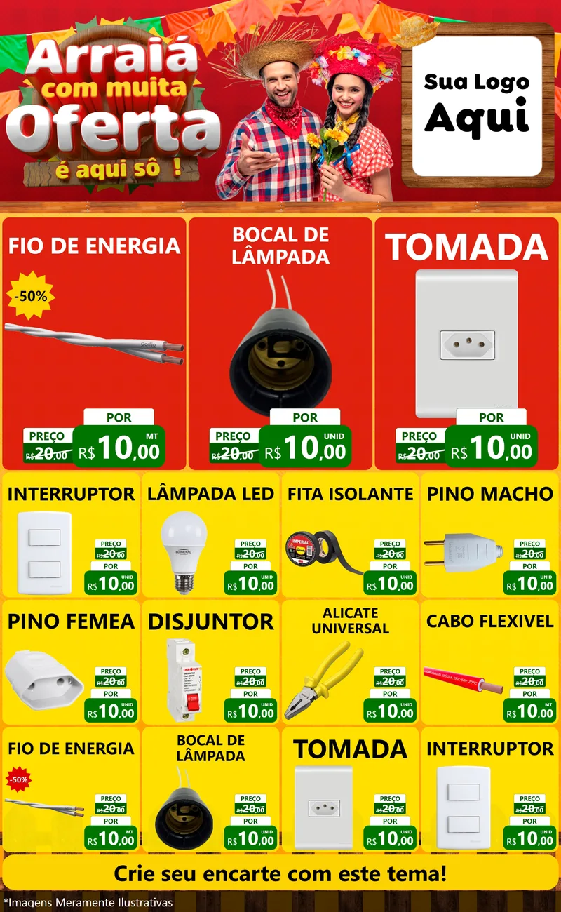 Modelo de Encarte para Encarte Grande com o tema Arraiá Com Muita Oferta - É Aqui Sô! para Materiais Elétricos