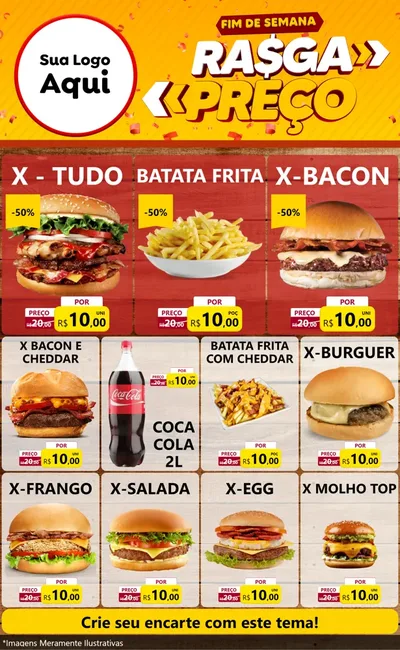 Modelo de Encarte para Encarte Grande com o tema Fim de Semana Rasga Preços para Hamburgueria
