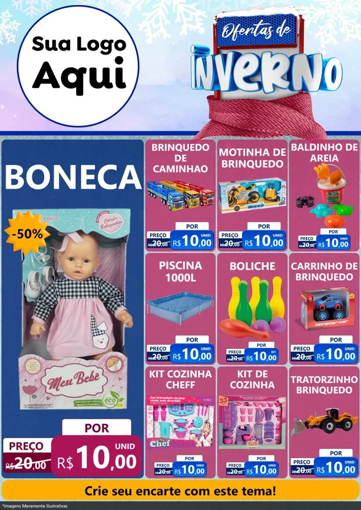Modelo de Encarte para Encarte A4 Vertical com o tema Ofertas de Inverno para Brinquedos