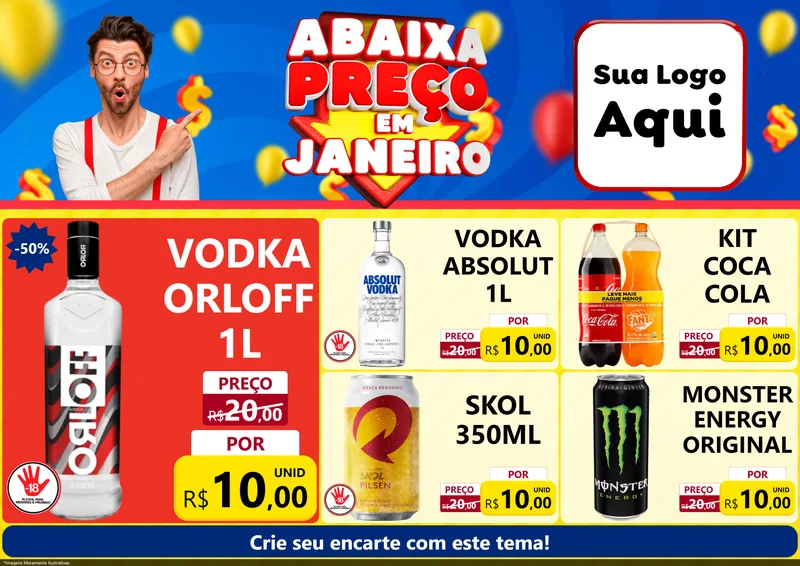 Modelo de Encarte para Encarte A4 Horizontal com o tema Abaixa Preço em Janeiro para Distribuidora de bebidas