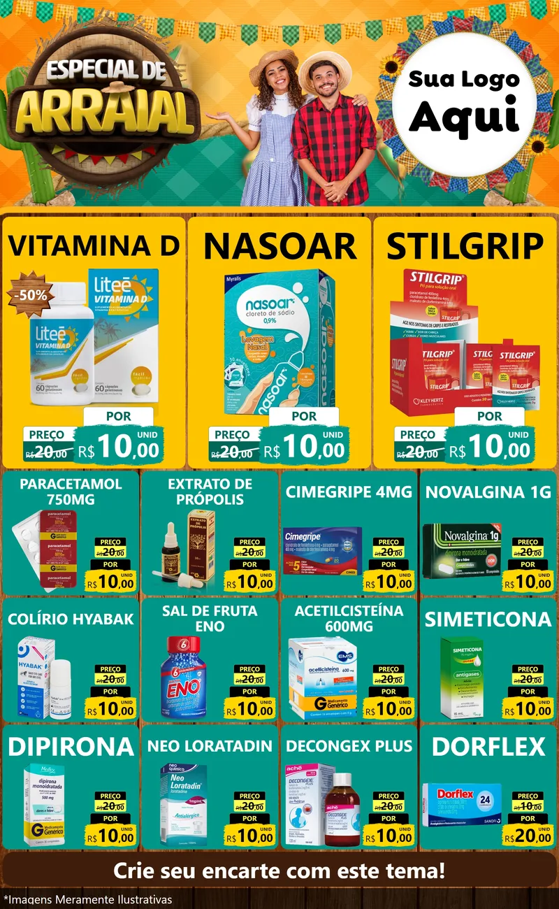 Modelo de Encarte para Encarte Grande com o tema Especial De Arraial para Farmácia