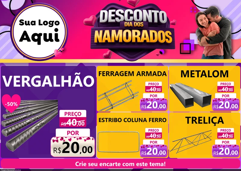 Modelo de Encarte para Encarte A4 Horizontal com o tema Desconto Dia dos Namorados para Ferragens