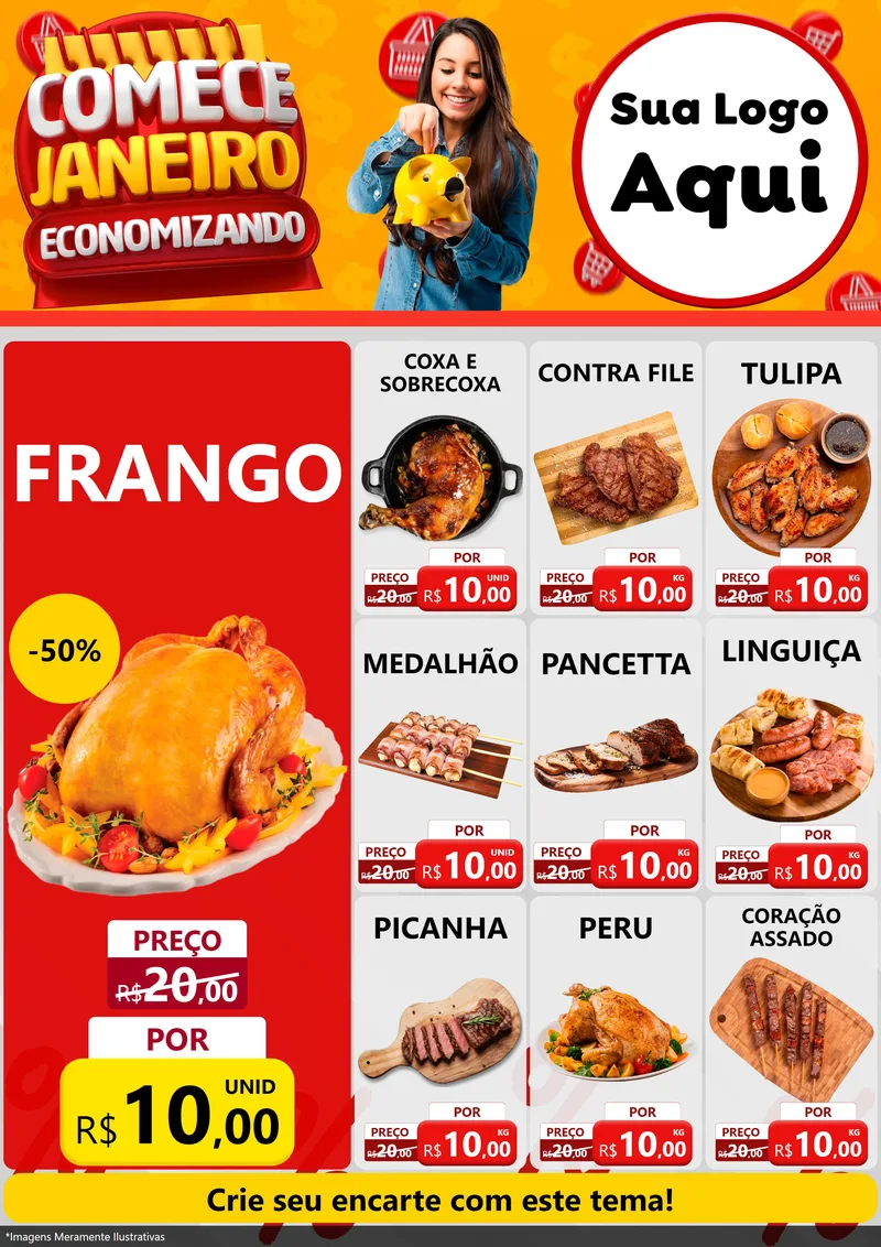 Modelo de Encarte para Encarte A4 Vertical com o tema Comece Janeiro Economizando para Assados