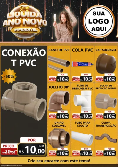Modelo de Encarte para Encarte A4 Vertical com o tema Liquida Ano Novo Imperdível para Tubos e conexões