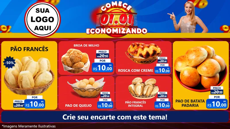 Modelo de TV para TV Horizontal com o tema Comece 1º de Janeiro Economizando para Padaria