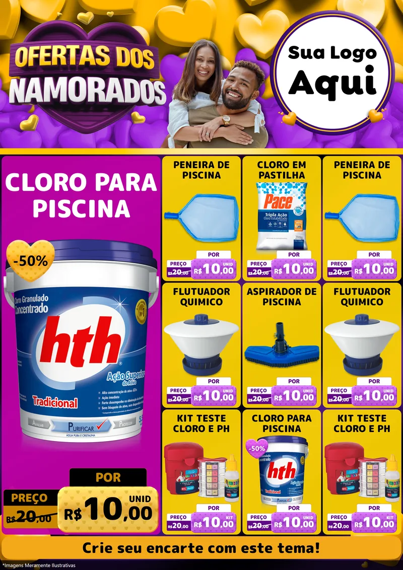 Modelo de Encarte para Encarte A4 Vertical com o tema Oferta Dos Namorados para Produtos para Piscina