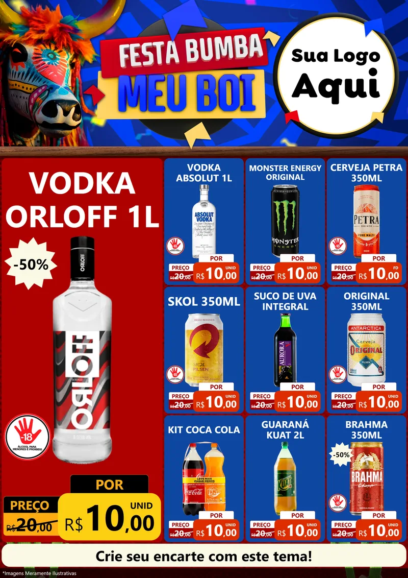 Modelo de Encarte para Encarte A4 Vertical com o tema Festa Bumba meu Boi para Distribuidora de bebidas