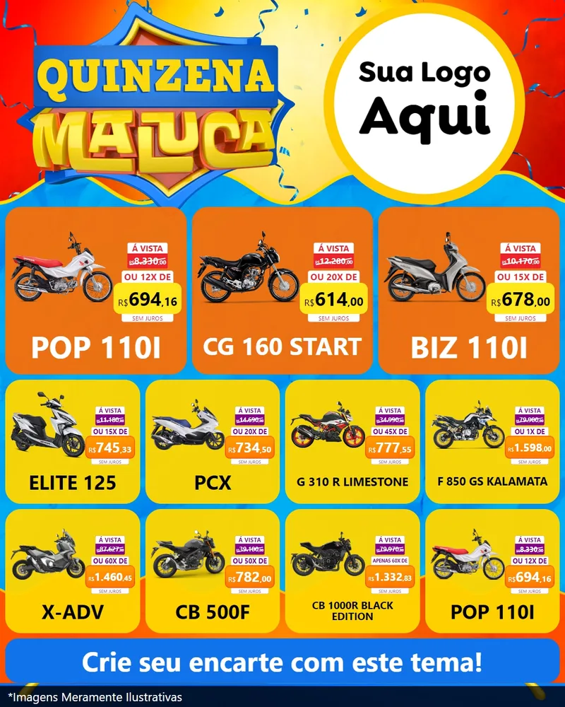 Modelo de Rede Social para Feed Instagram com o tema Quinzena Maluca para Concessionaria de Motos