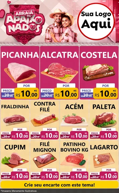 Modelo de Encarte para Encarte Grande com o tema Arraiá dos Apaixonados - Junina para Açougue