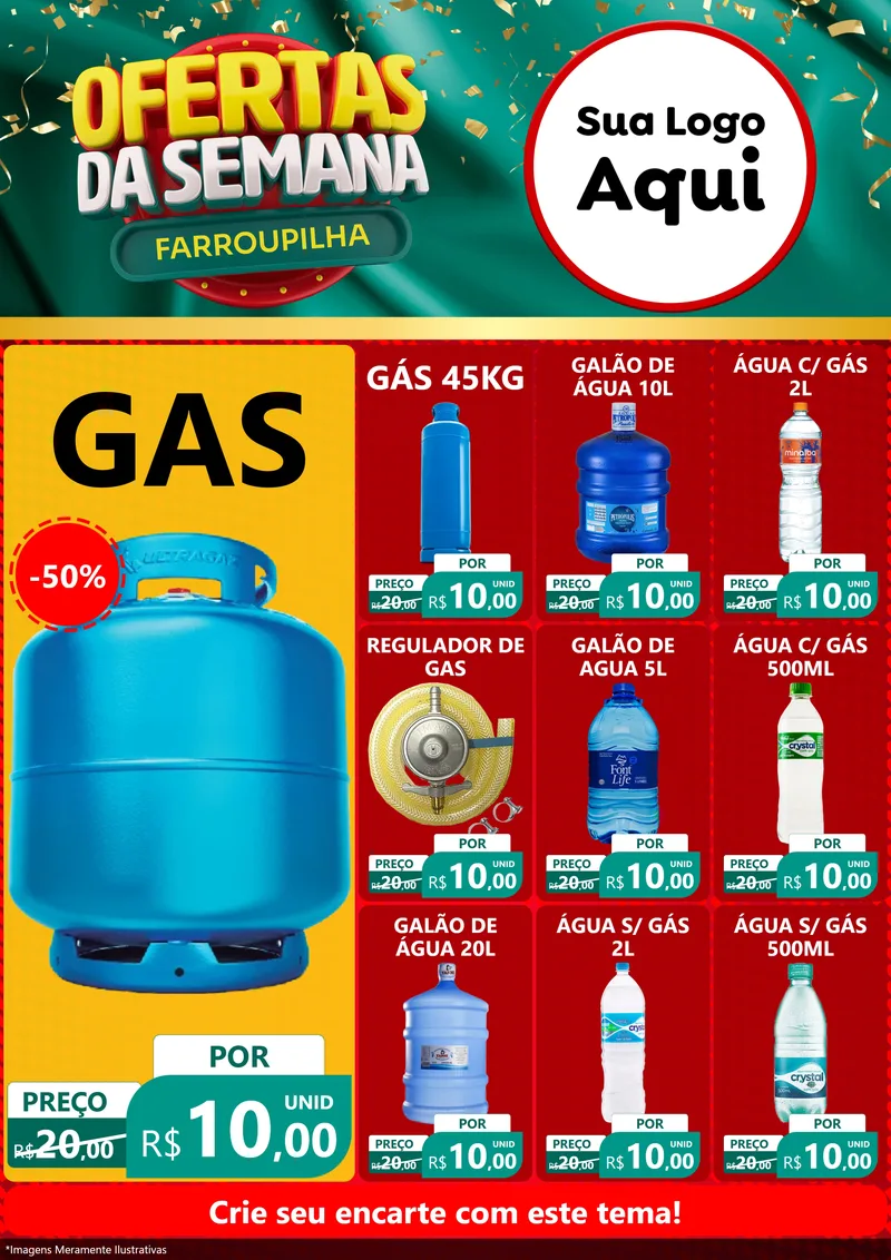 Modelo de Encarte para Encarte A4 Vertical com o tema Ofertas da Semana Farroupilha para Água e gás