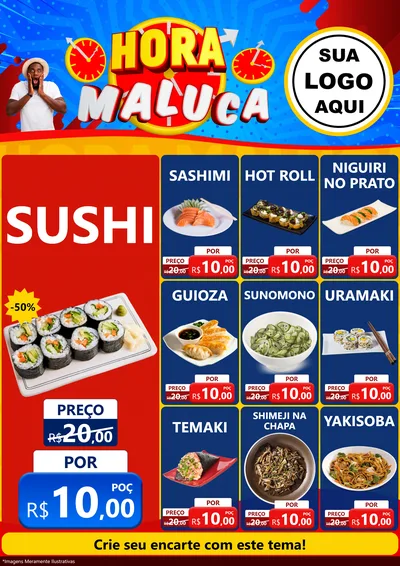 Modelo de Encarte para Encarte A4 Vertical com o tema Hora Maluca para Comida japonesa