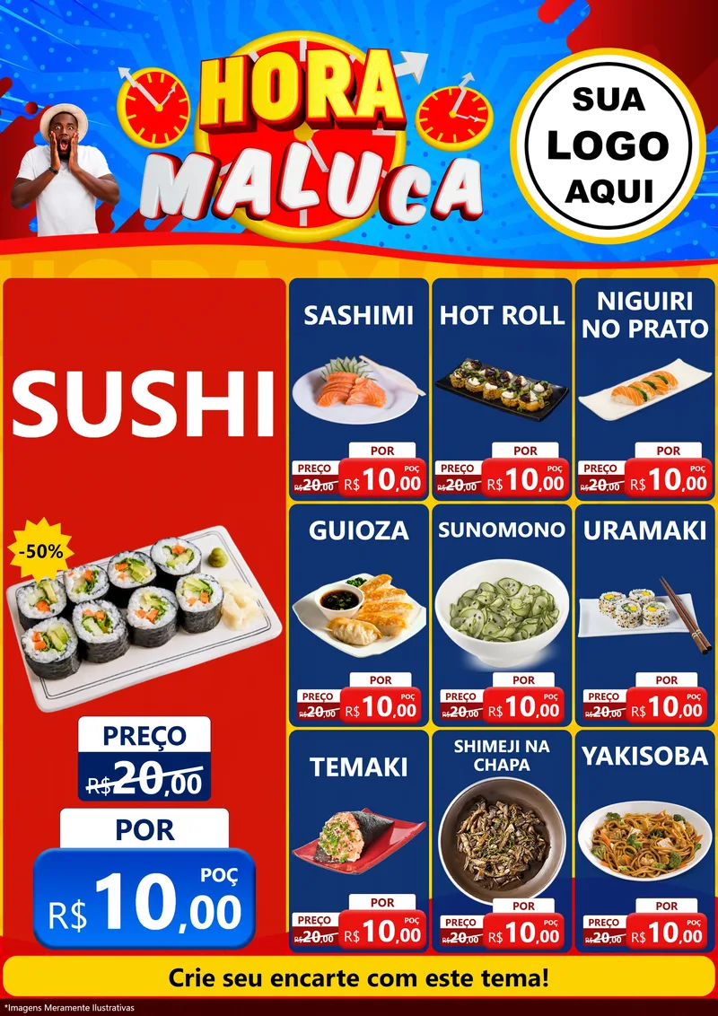 Modelo de Encarte para Encarte A4 Vertical com o tema Hora Maluca para Comida japonesa