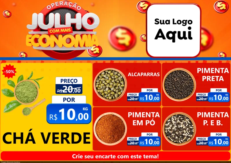 Modelo de Encarte para Encarte A4 Horizontal com o tema Operação Julho Com Mais Economia para Produtos Naturais